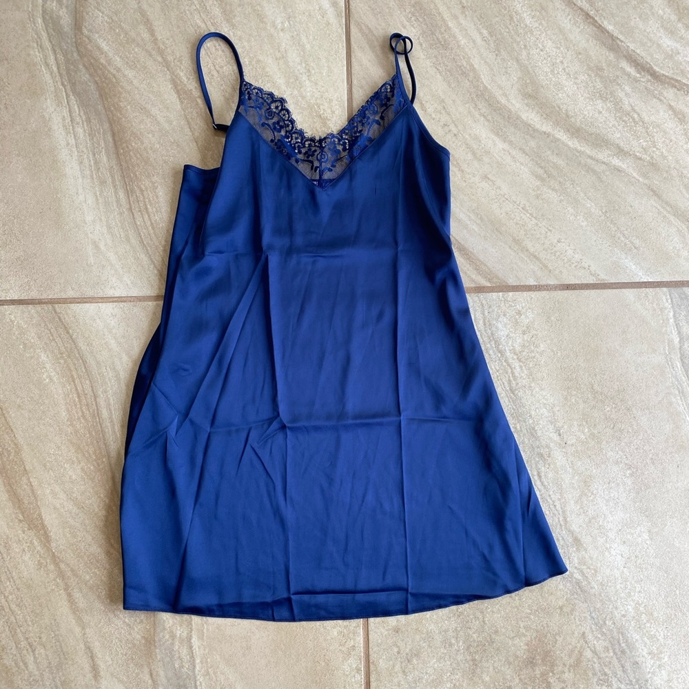 Blue slip dress.